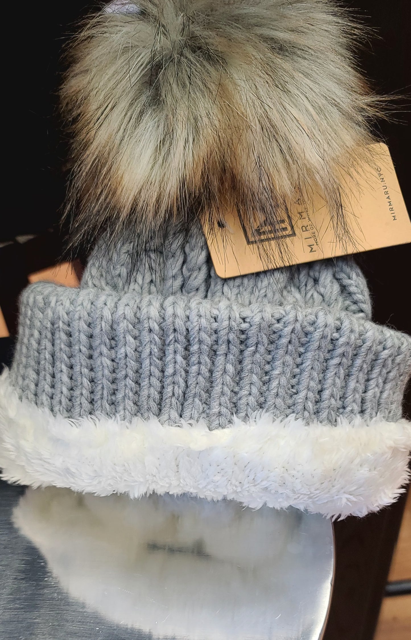 Faux Fur Pom Beanie Hat w/ Fleece Lining