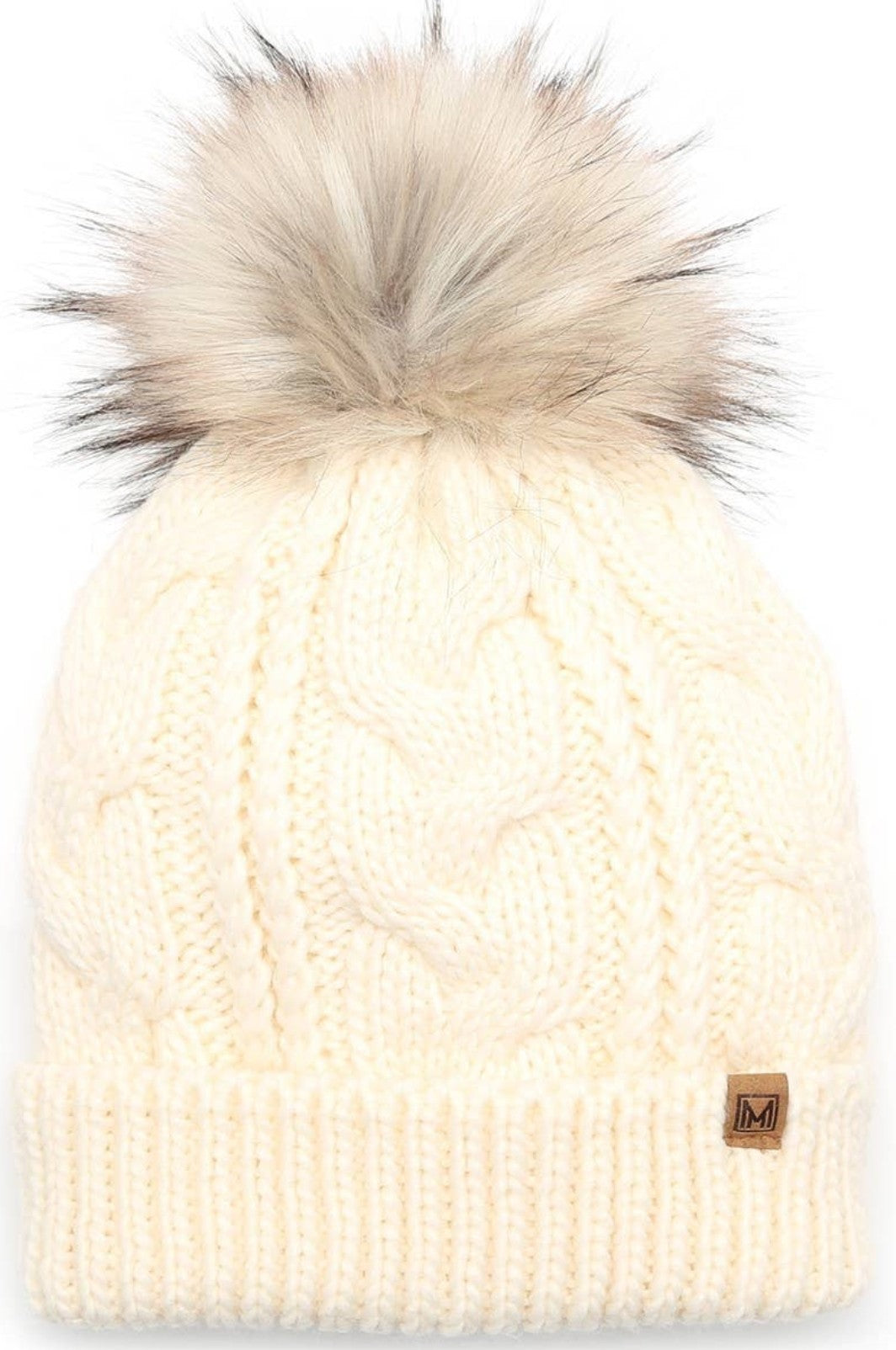 Faux Fur Pom Beanie Hat w/ Fleece Lining