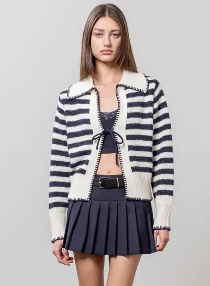 Sailor Collar Tie-Front Knit Cardigan