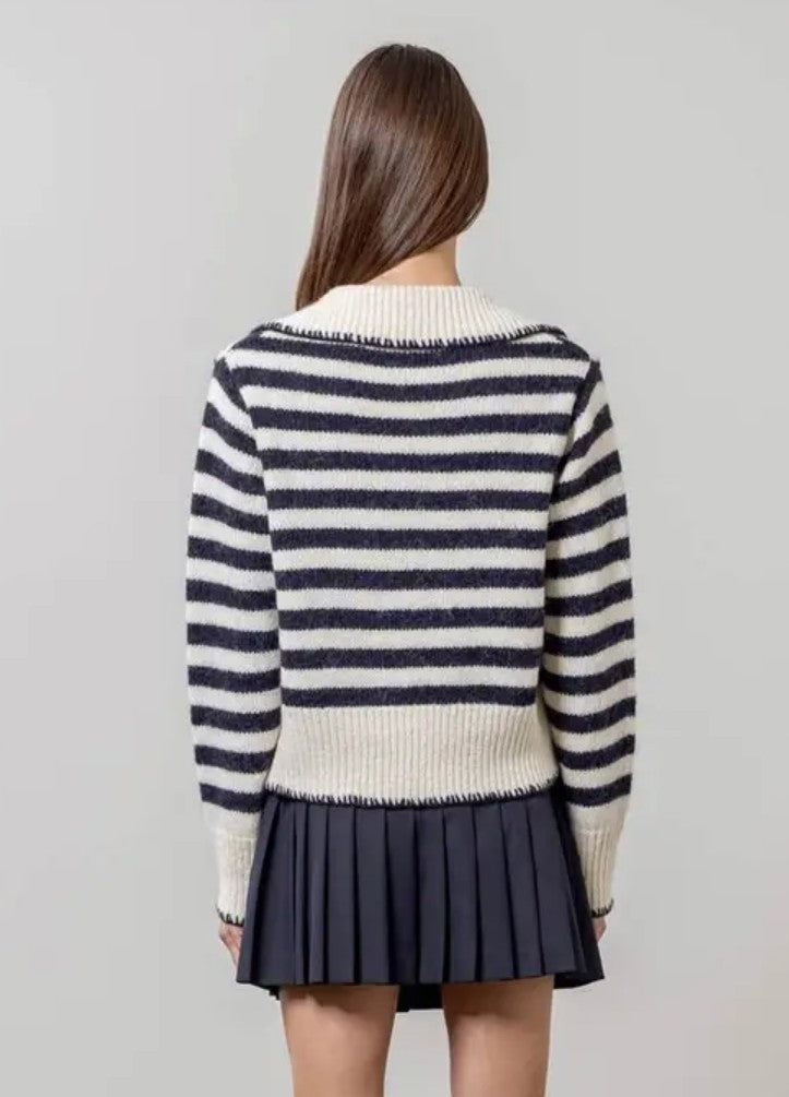 Sailor Collar Tie-Front Knit Cardigan