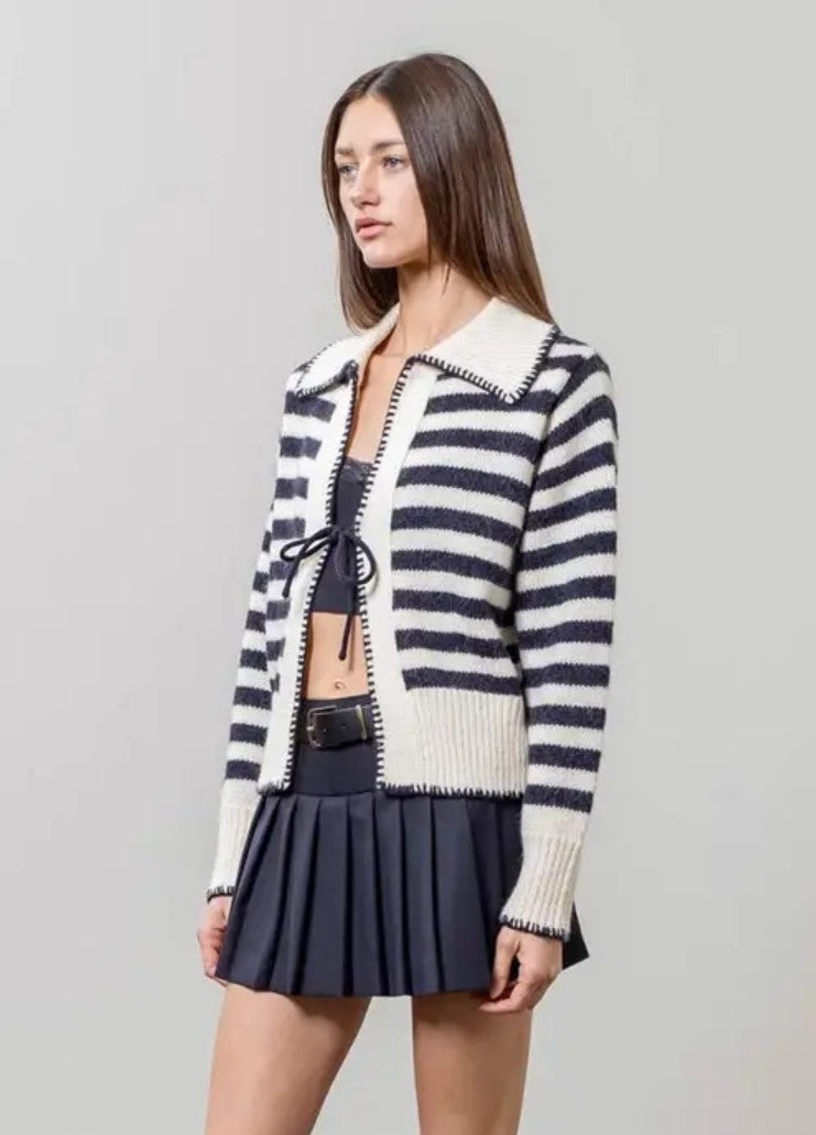 Sailor Collar Tie-Front Knit Cardigan